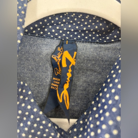 7 For All Mankind Navy Polkadot Button Up Shirt with Pearl Buttons - Picture 2 of 9